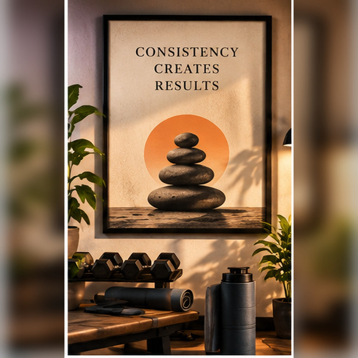 Consistency Creates Results typography and balance stones in a black frame in a home gym