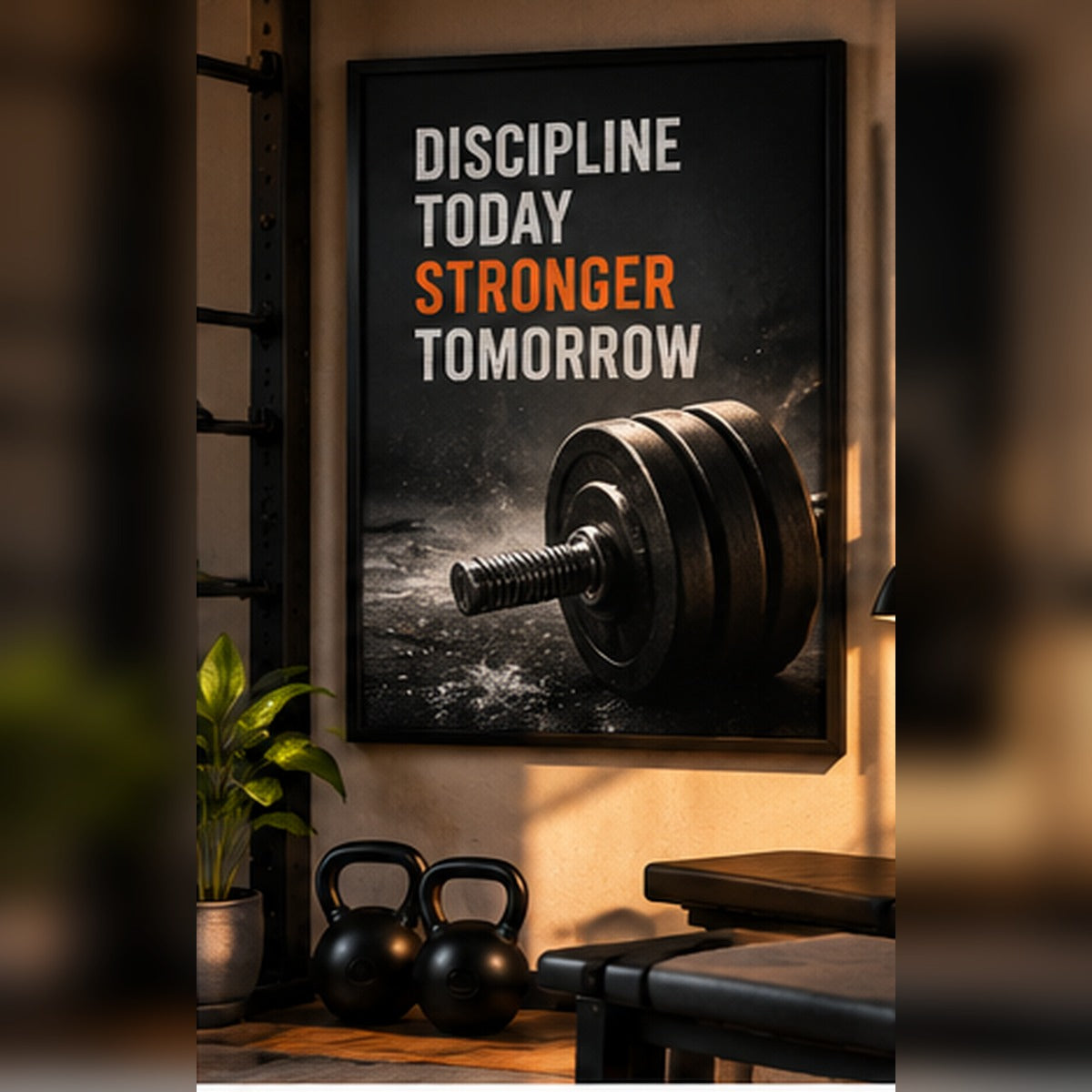 Discipline Today Stronger Tomorrow typography with weight plates in a black frame