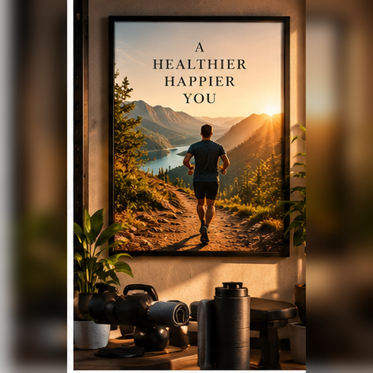 Runner on a sunrise mountain path in a black frame in a home gym