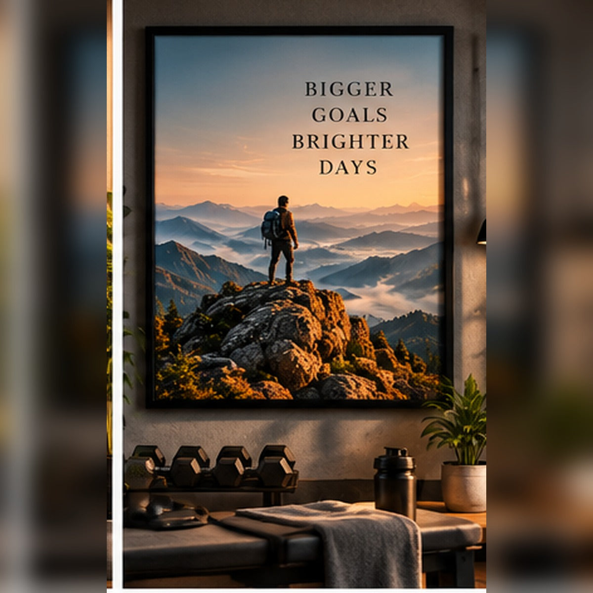 Mountain summit and Bigger Goals Brighter Days in a black frame above gym weights