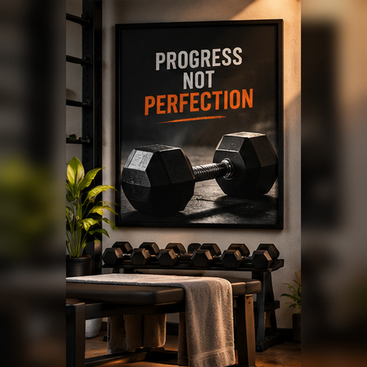 Progress Not Perfection typography with dumbbells in a black frame