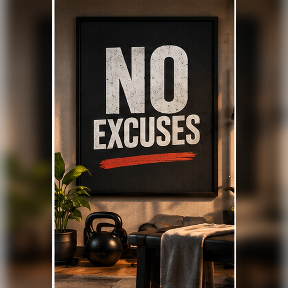 Bold No Excuses typography in a black frame above gym equipment