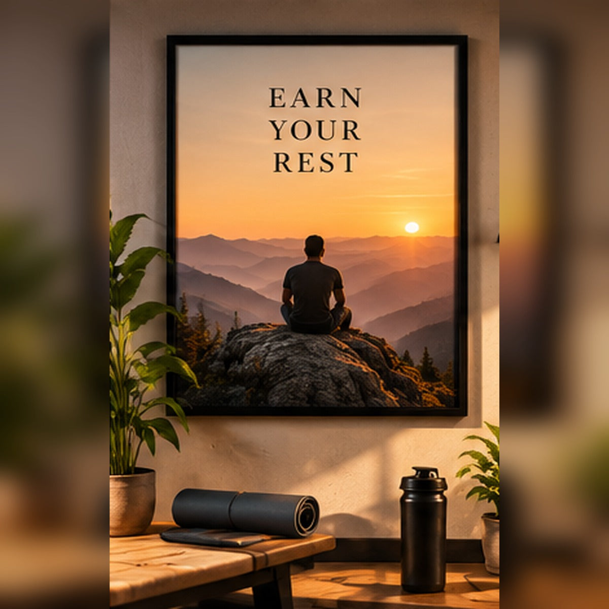 Earn Your Rest sunset mountain artwork in a black frame in a home gym