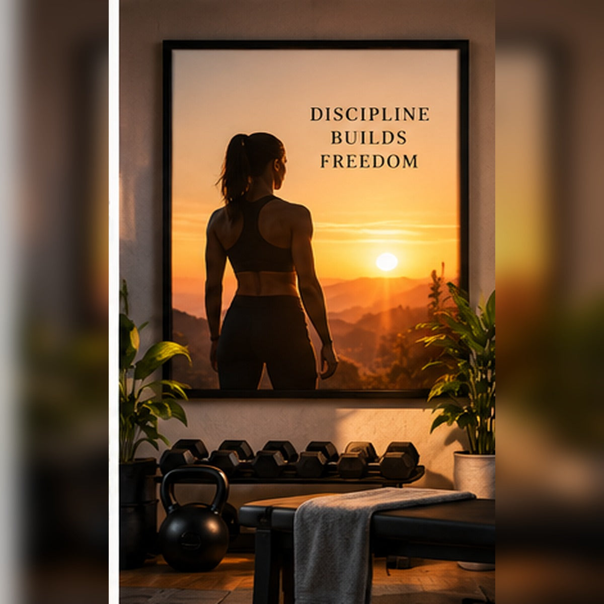 Discipline Builds Freedom typography with athlete silhouette in a black frame