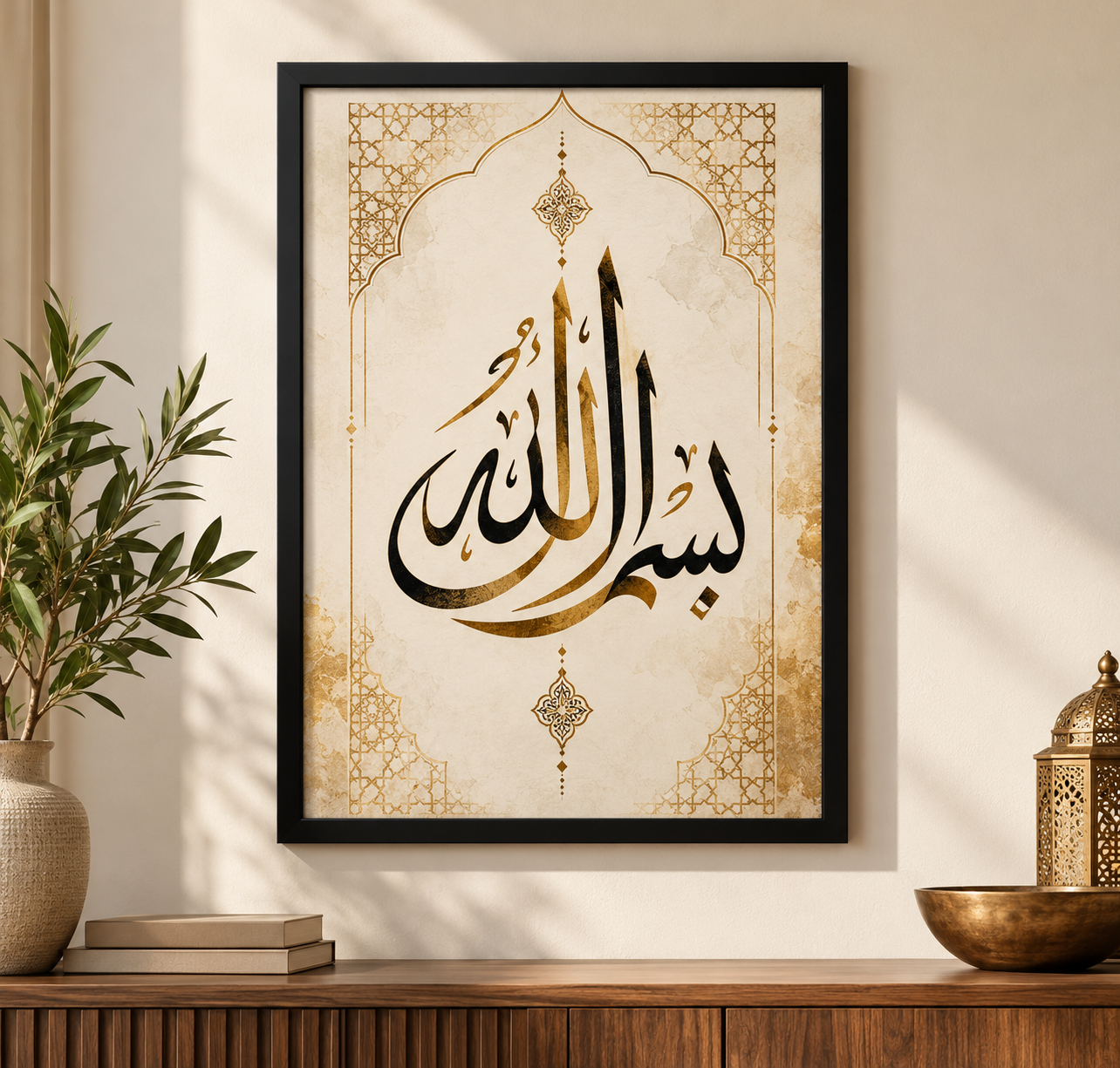 Black and gold Arabic calligraphy framed wall art on cream background
