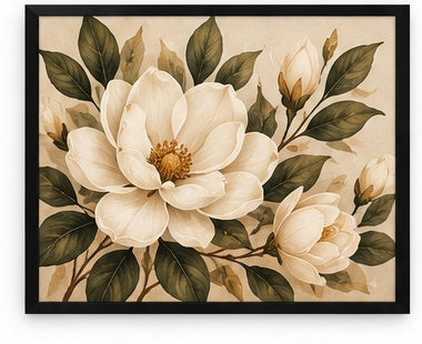 Magnolia Bloom framed in a matte black MDF frame, 15 x 12 inches