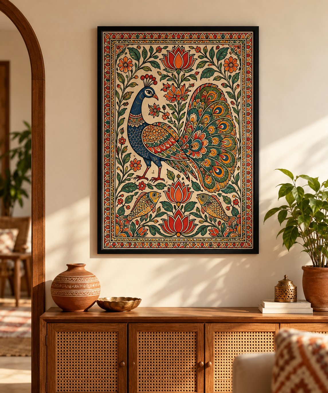 Colorful Indian folk-art peacock and floral framed wall painting