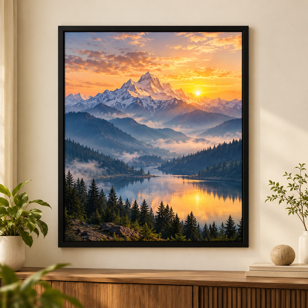 Misty mountain lake at golden sunrise framed landscape wall art