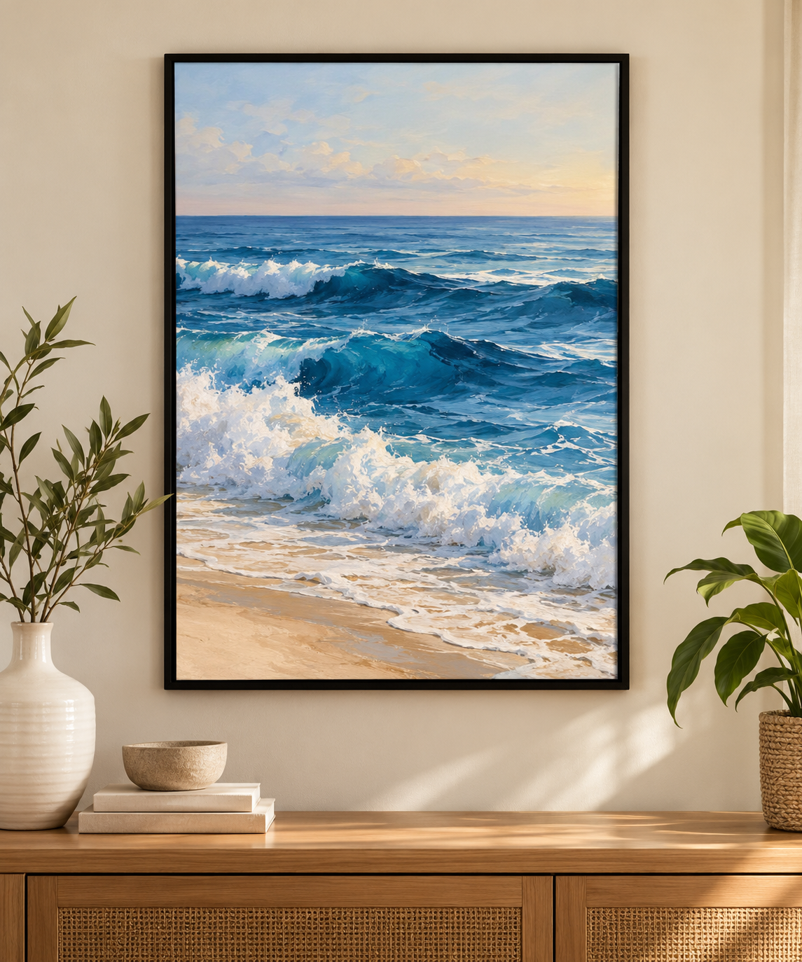 Blue ocean waves and sandy shore coastal framed wall art