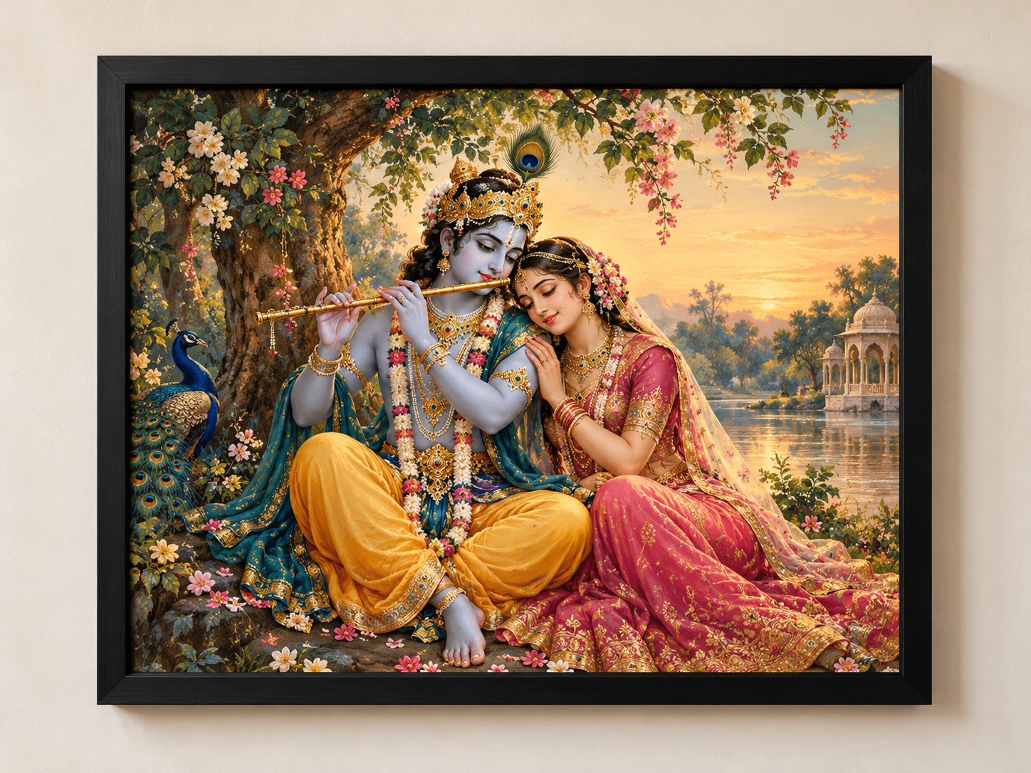 Radha Krishna devotional framed wall art in a golden sunset landscape