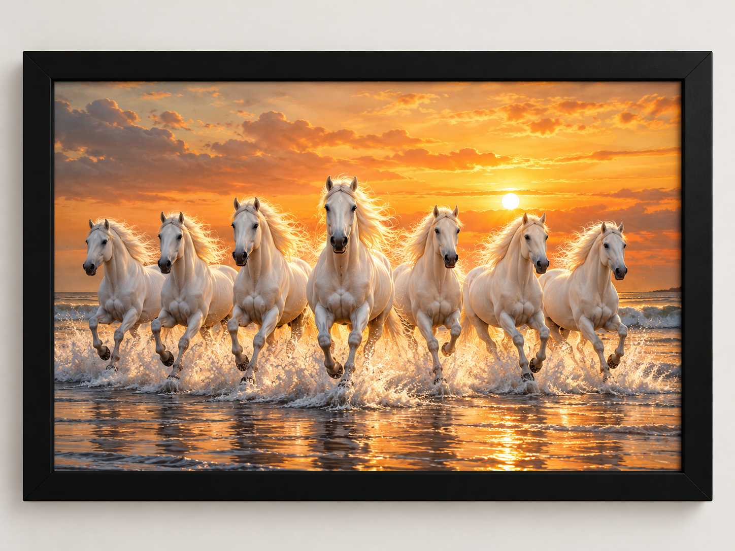 Seven running white horses framed wall art at golden sunrise