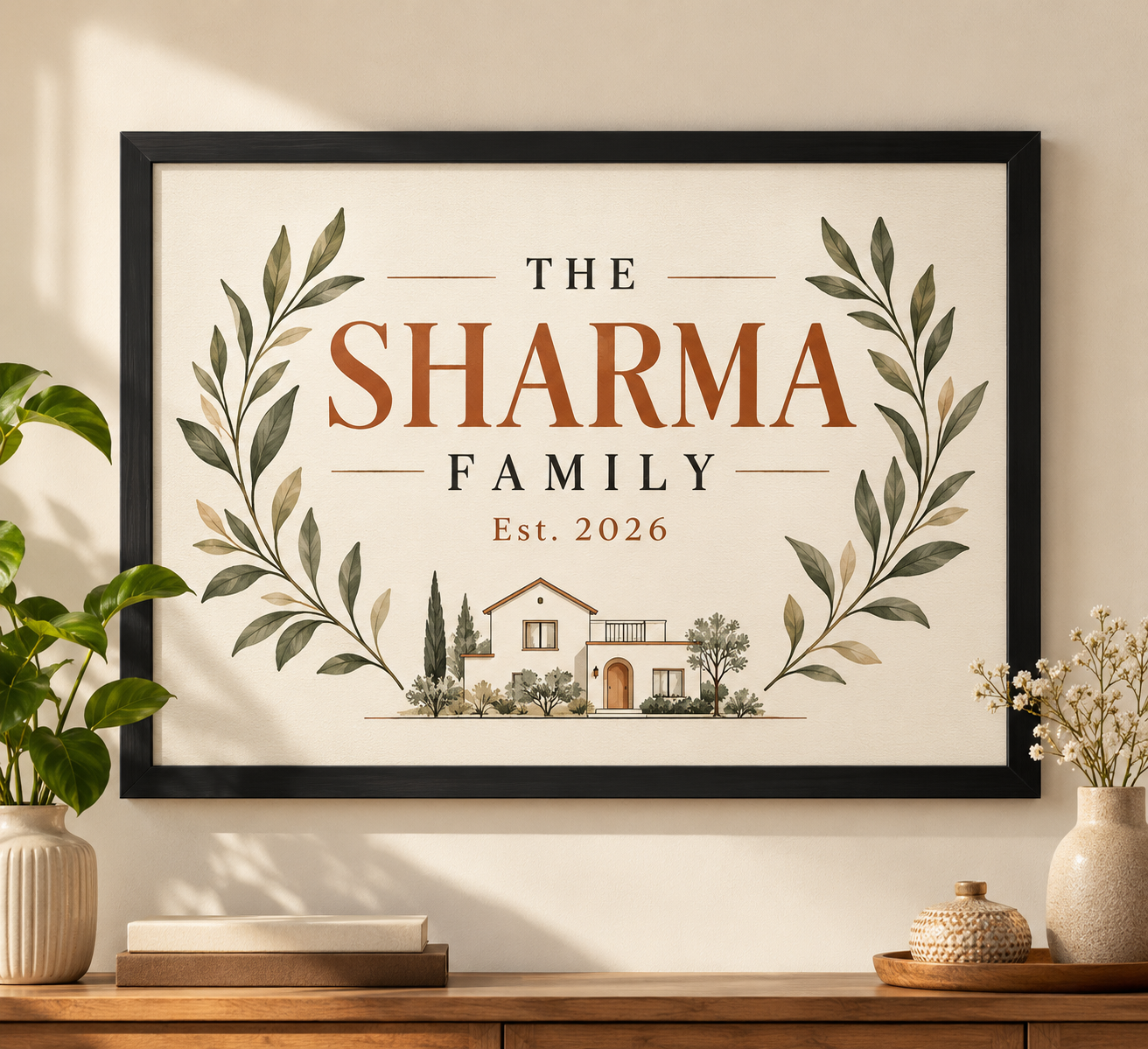 The Sharma Family botanical framed wall art with home illustration