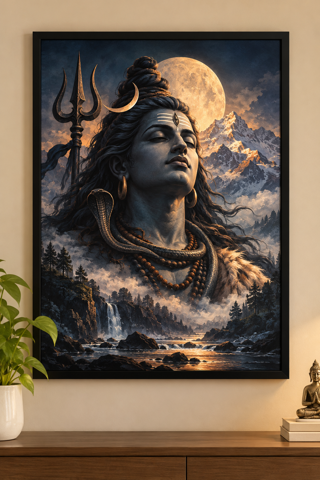 Lord Shiva meditating against moonlit Himalayan mountains framed wall art