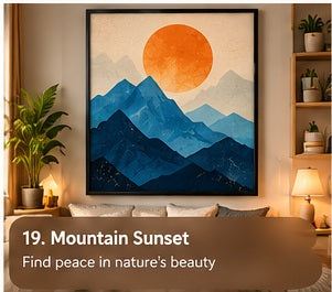Mountain Sunset framed wall art styled in a room with a short storytelling caption