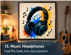 Music Headphones framed wall art styled in a room with a short storytelling caption