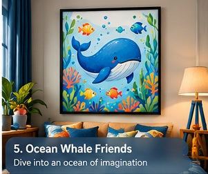 Ocean Whale Friends framed wall art styled in a room with a short storytelling caption