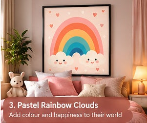 Pastel Rainbow Clouds framed wall art styled in a room with a short storytelling caption