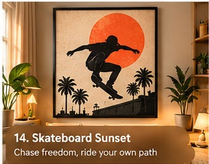 Skateboard Sunset framed wall art styled in a room with a short storytelling caption