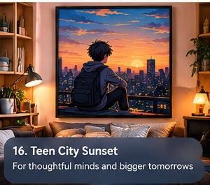 Teen City Sunset framed wall art styled in a room with a short storytelling caption