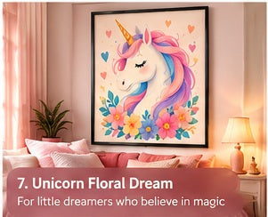 Unicorn Floral Dream framed wall art styled in a room with a short storytelling caption