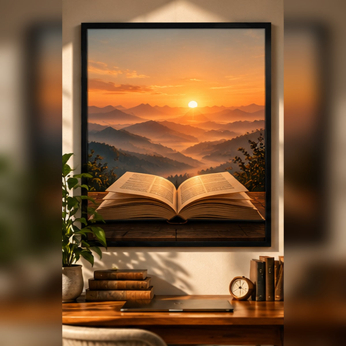 Open book and sunrise landscape in a black frame, styled on a warm study desk