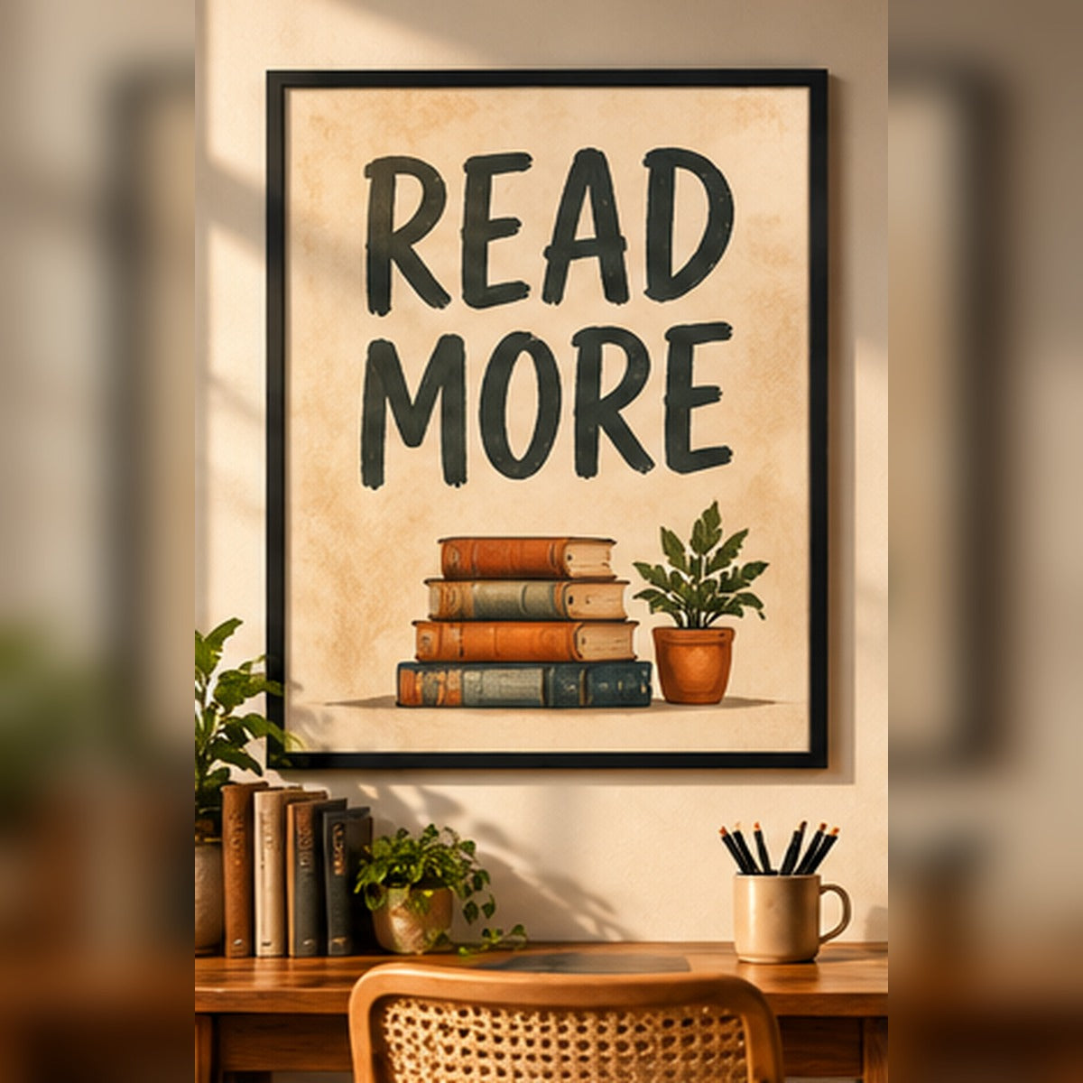 Read More typography with books and plant in a black frame above a desk