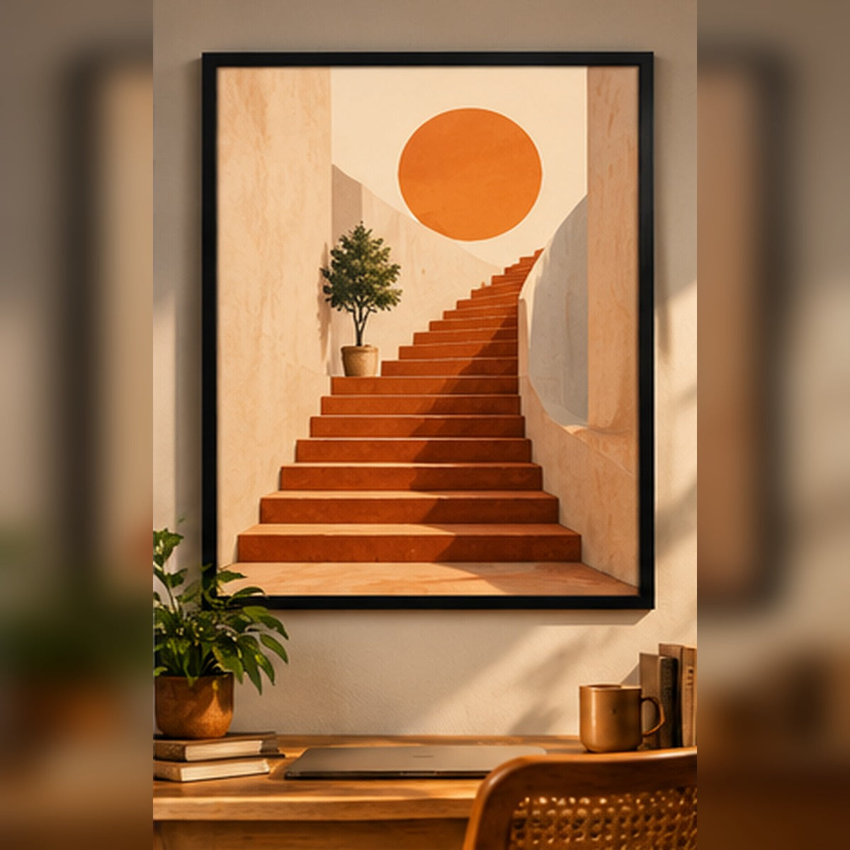 Terracotta staircase ambition artwork in a black frame in a study nook