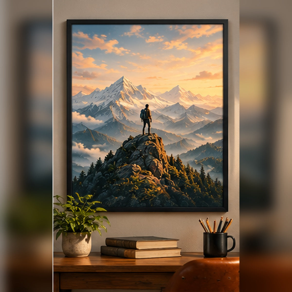 Hiker and mountain summit landscape in a black frame above a study desk