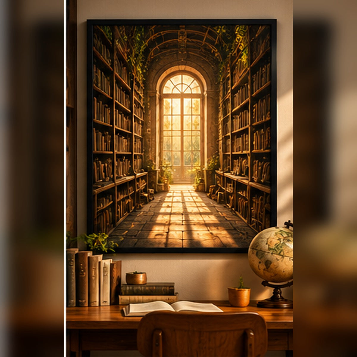 Sunlit library aisle artwork in a black frame with books and warm desk decor