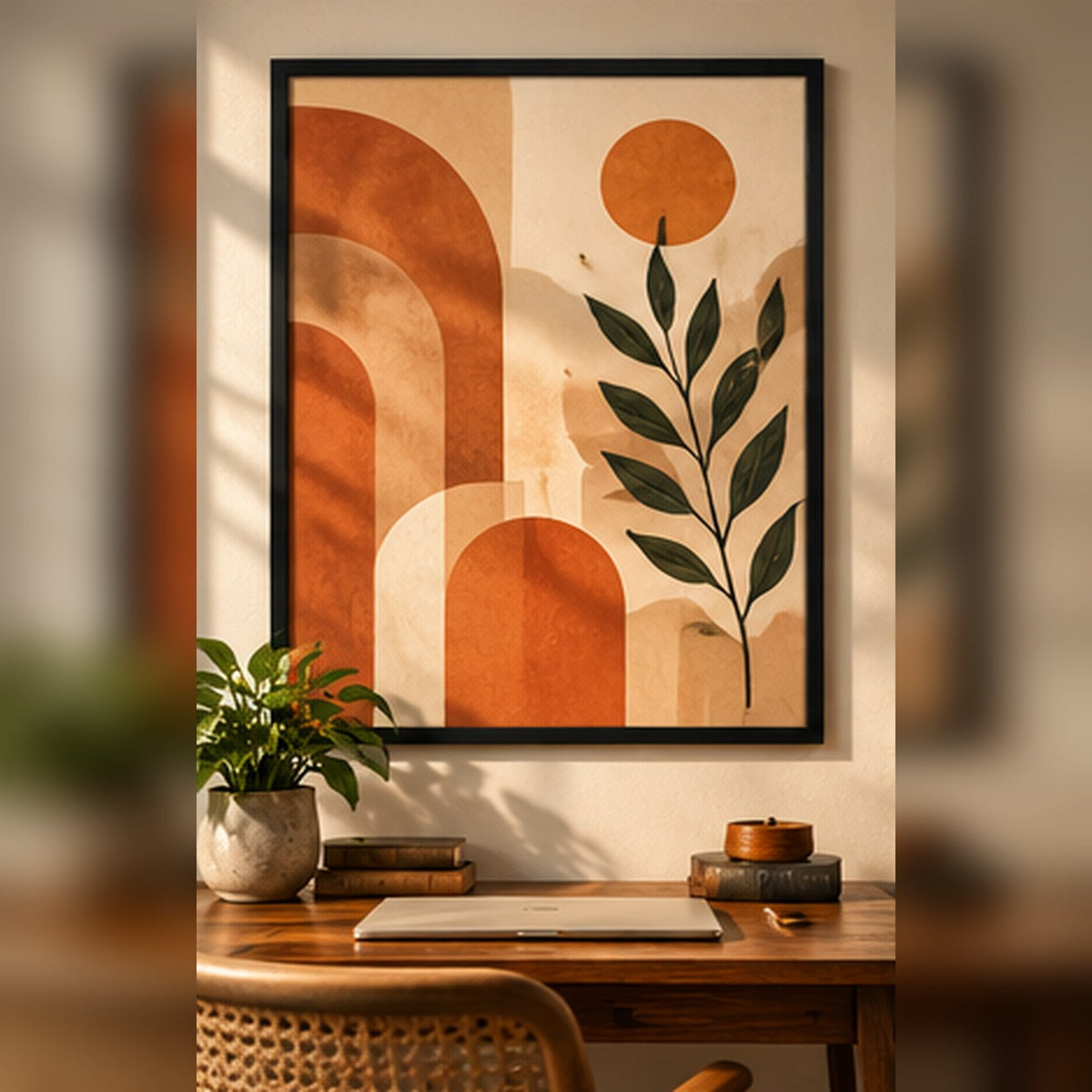 Terracotta arches and botanical artwork in a black frame in a calm study