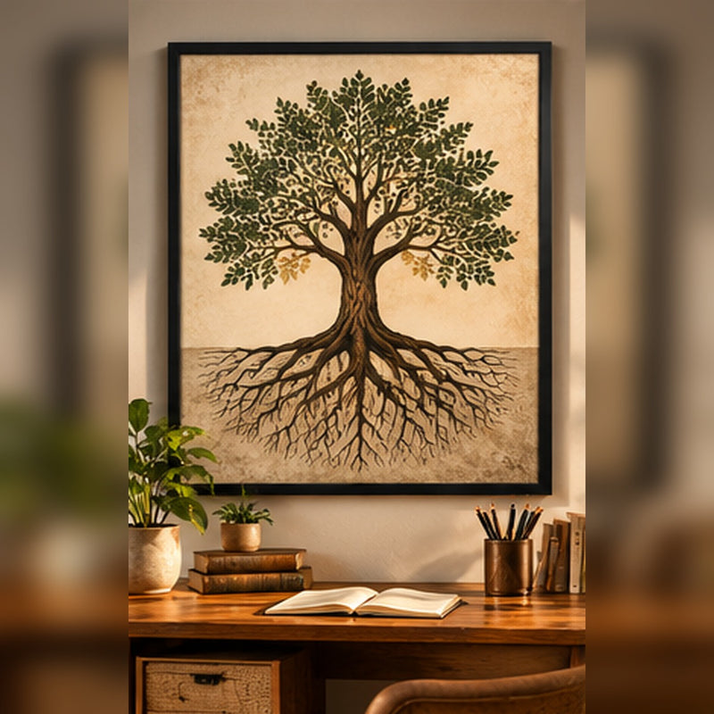 Tree of life illustration in a black frame above a book-filled study desk