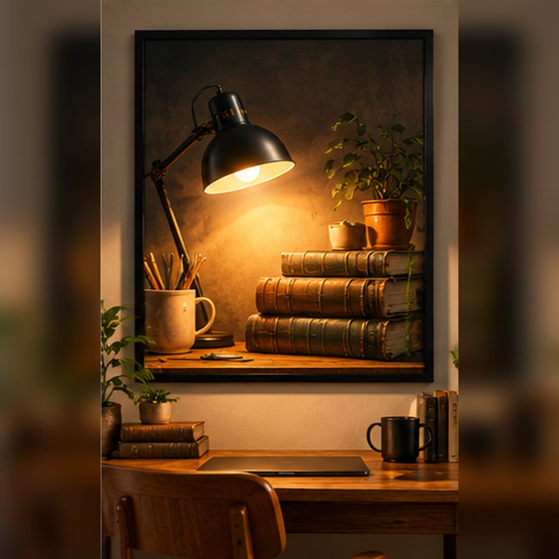 Glowing reading lamp and stacked books artwork in a black frame in a cozy reading corner