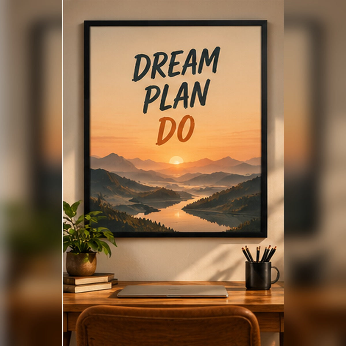Dream Plan Do typography over a sunrise landscape in a black frame