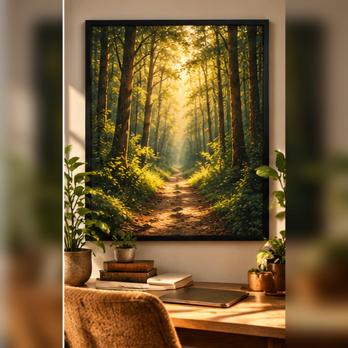 Sunlit forest path landscape in a black frame in a warm reading nook