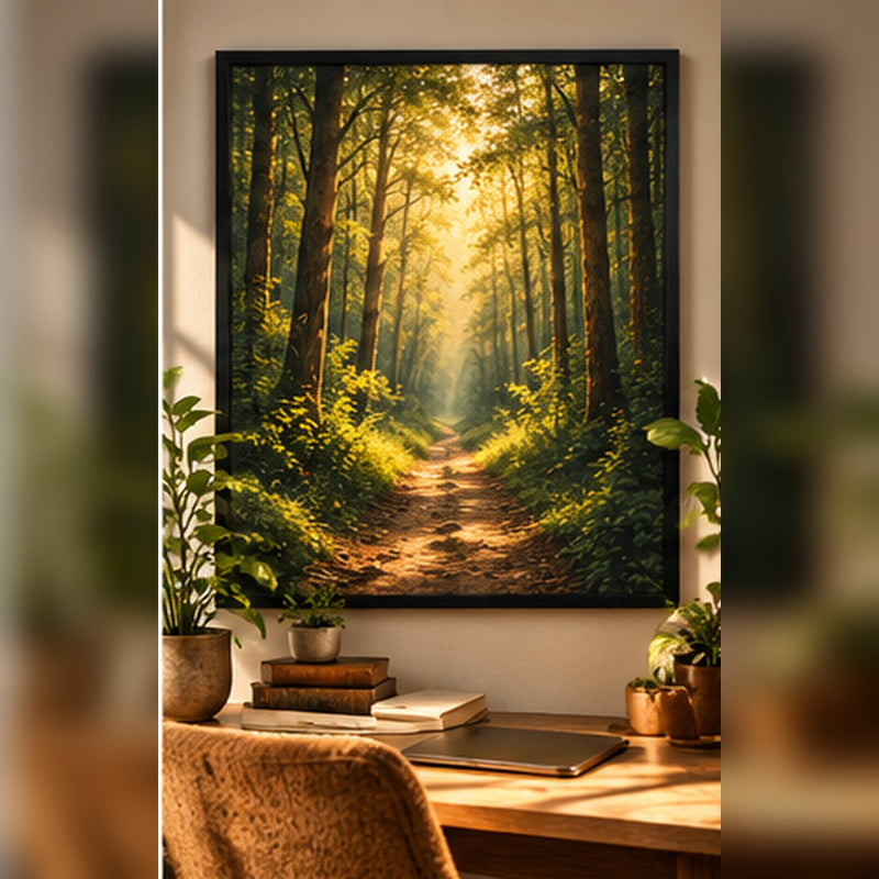 Sunlit forest path landscape in a black frame in a warm reading nook