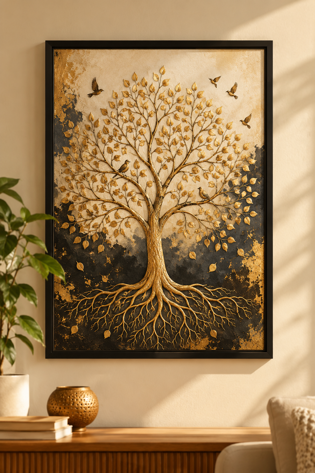 Golden Tree of Life framed wall art with birds on a charcoal and ivory background
