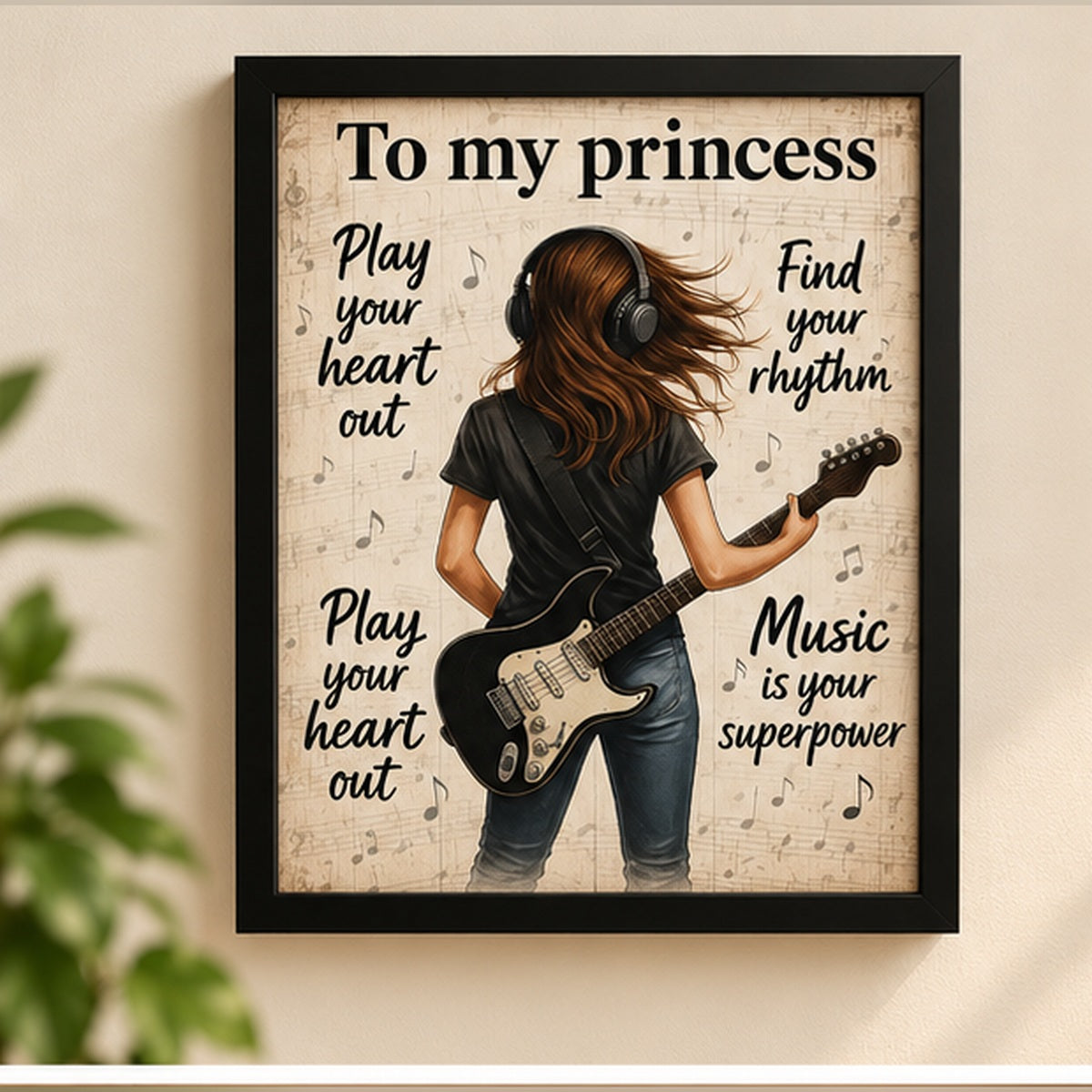 To My Princess Music Wall Art with Black Frame | Guitar & Music Lover Gift