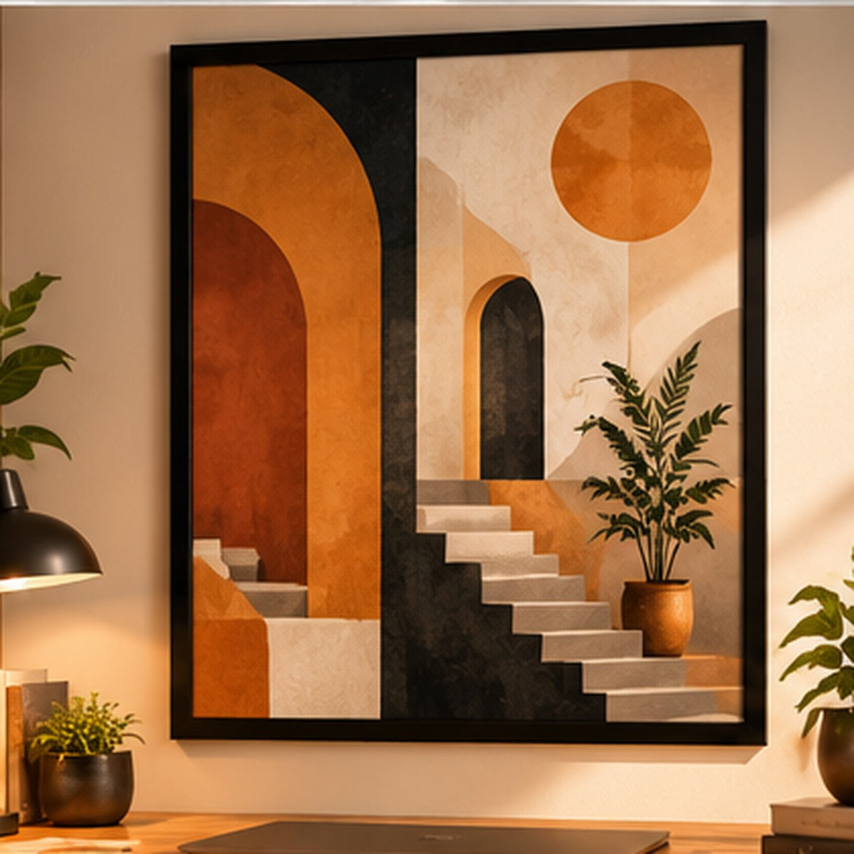 Terracotta geometric abstract artwork in a large black frame in a home office